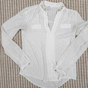 Y2K Candie's Elegant Sheer Long Sleeve XS Cream Buttonup Blouse w/ Jewel Collar